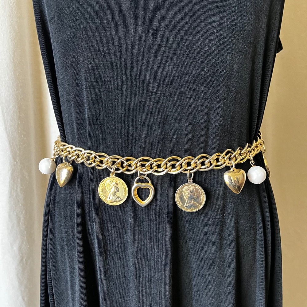 Vintage Gold Chain Charm Belt The Limited Heart Coin Pearl Statement 37"